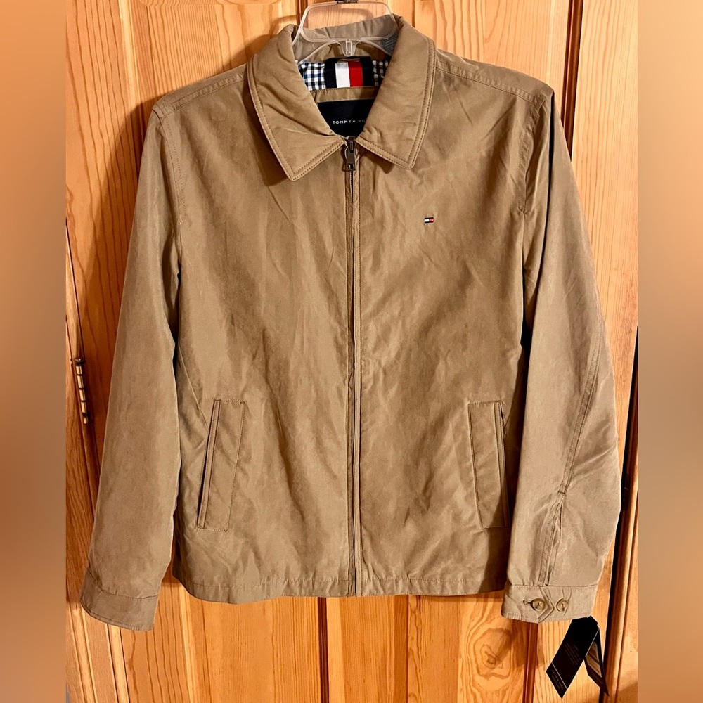 NWT Tommy Hilfiger Khaki Micro-Twill Jacket Mens L Gingham Lined Water Resistant